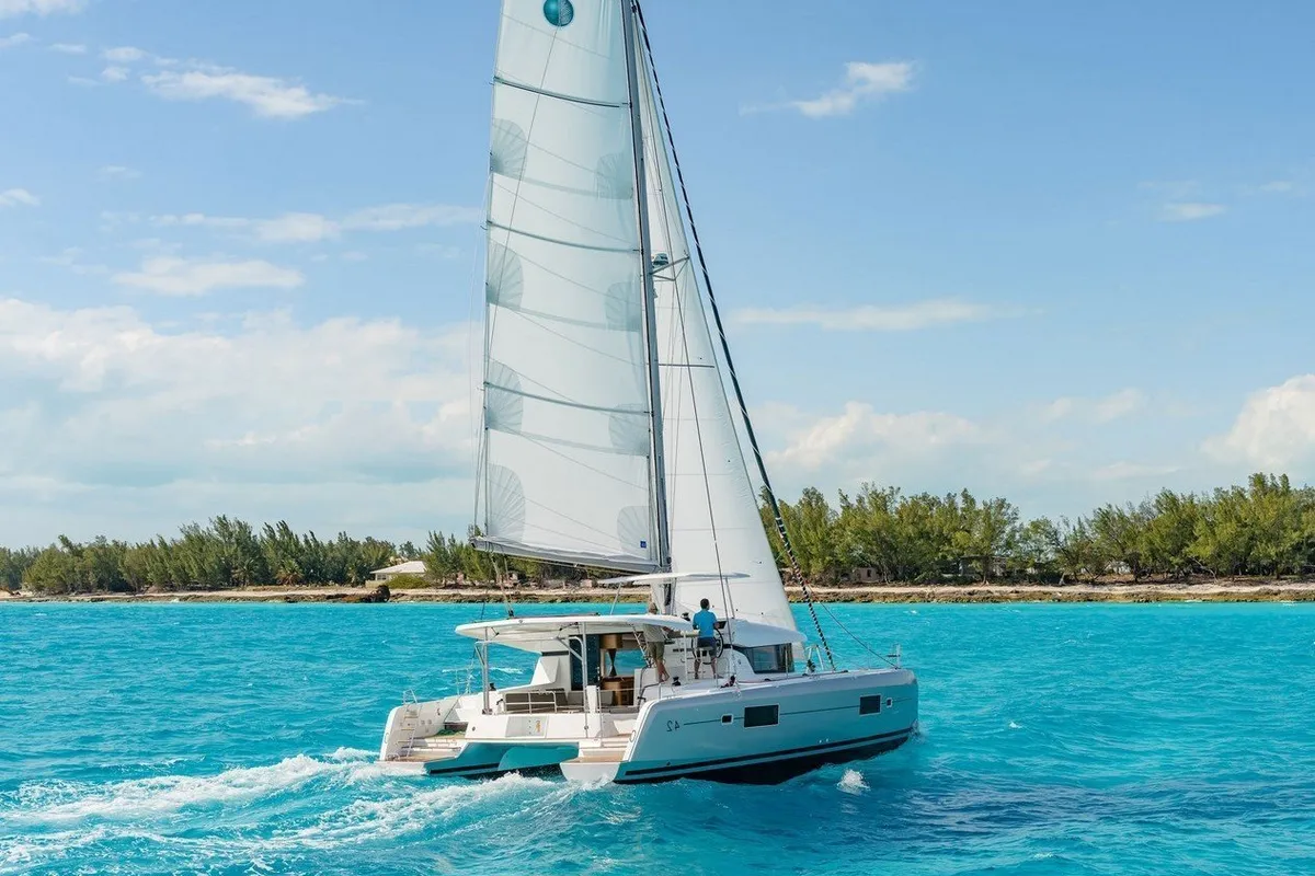 Exterior view of Dynamis, a Lagoon 420 catamaran at Sithonia, Greece