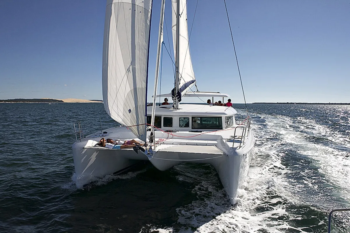 Exterior view of Dynamis, a Lagoon 420 catamaran at Sithonia, Greece