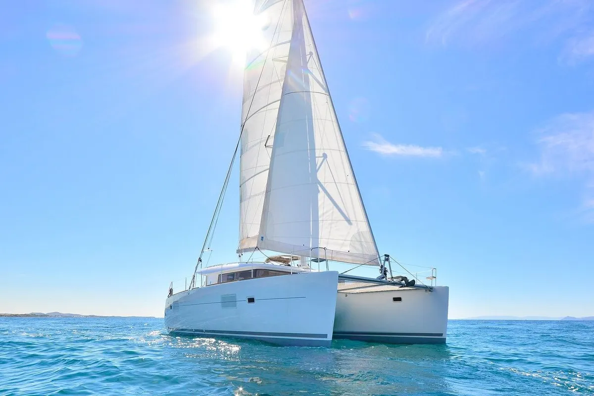 Exterior view of Dynamis, a Lagoon 420 catamaran at Sithonia, Greece