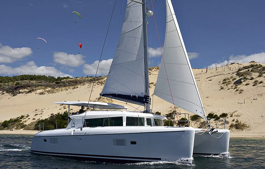Exterior view of Dynamis, a Lagoon 420 catamaran at Sithonia, Greece