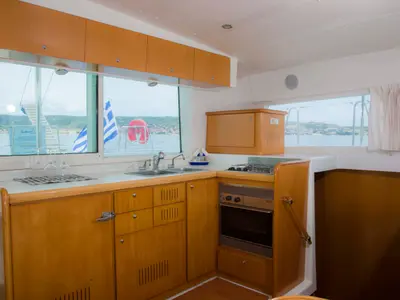 Cockpit of Dynamis, a Lagoon 420 catamaran at Sithonia, Greece