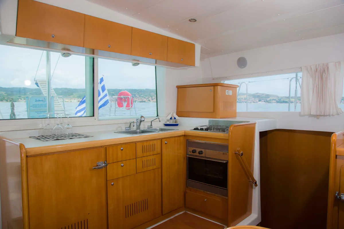 Cockpit of Dynamis, a Lagoon 420 catamaran at Sithonia, Greece