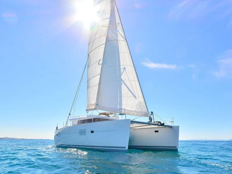 Dynamis, a Lagoon 420 catamaran at Sithonia, Greece