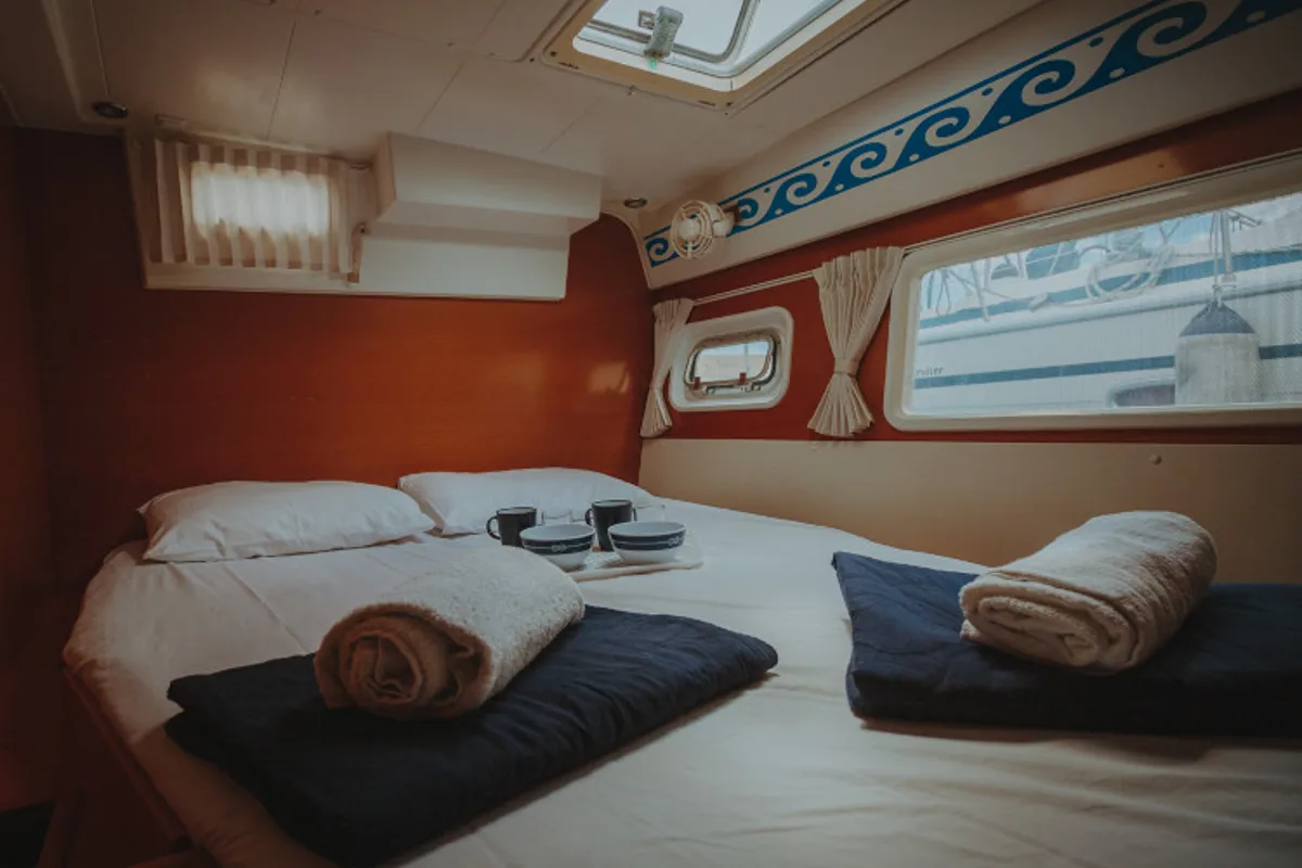 Dynamis, a Lagoon 420 catamaran at Sithonia, Greece