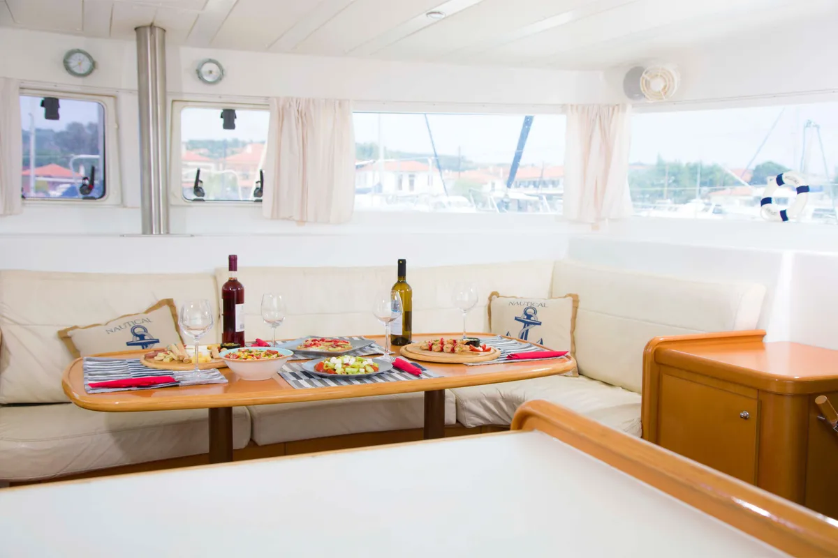 Dynamis, a Lagoon 420 catamaran at Sithonia, Greece