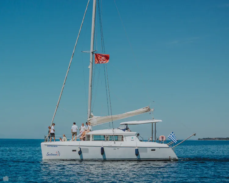 Dynamis, a Lagoon 420 catamaran at Sithonia, Greece