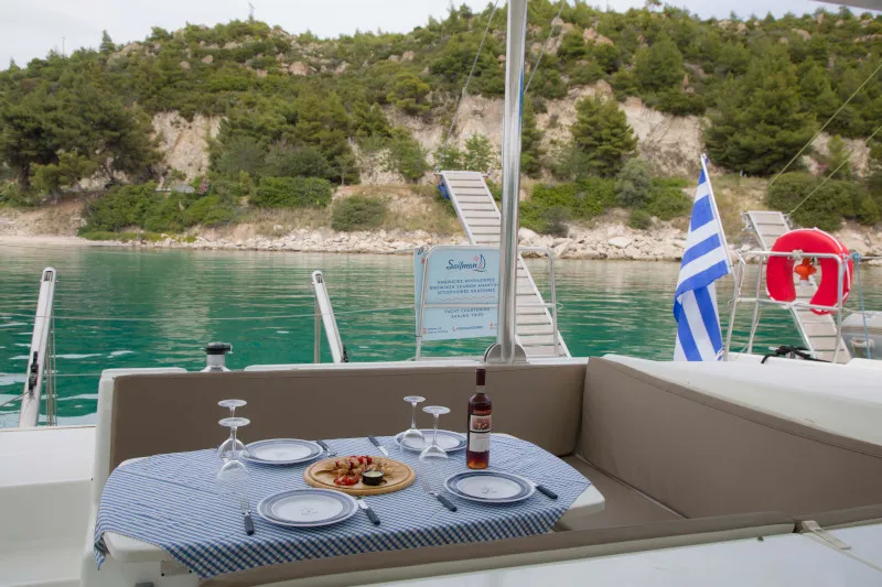 Dynamis, a Lagoon 420 catamaran at Sithonia, Greece