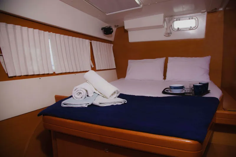 Dynamis, a Lagoon 420 catamaran at Sithonia, Greece