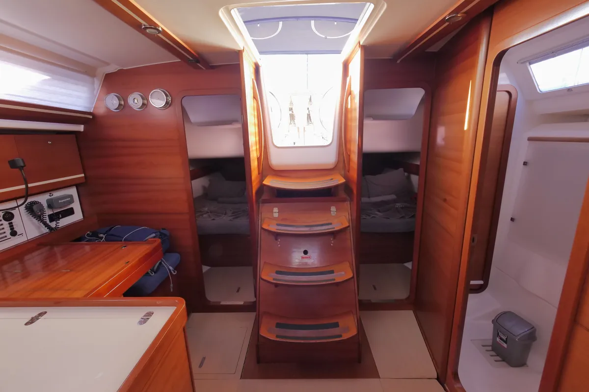 Salon of Pyrrha, a Dufour 445 Grand Large sailboat at Fethiye, Turkey