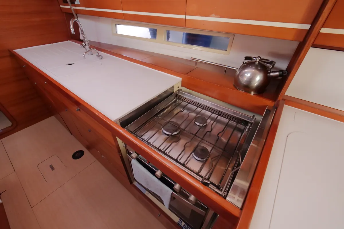 Galley of Pyrrha, a Dufour 445 Grand Large sailboat at Fethiye, Turkey