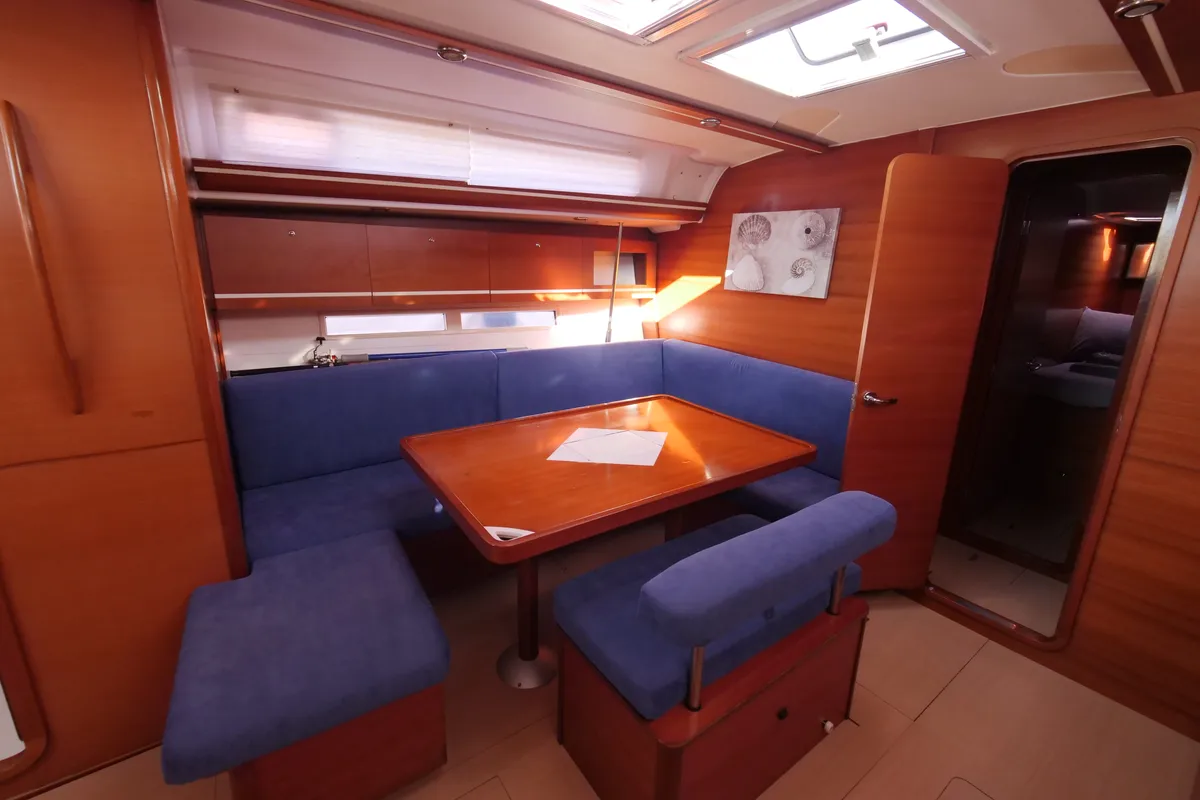 Salon of Pyrrha, a Dufour 445 Grand Large sailboat at Fethiye, Turkey