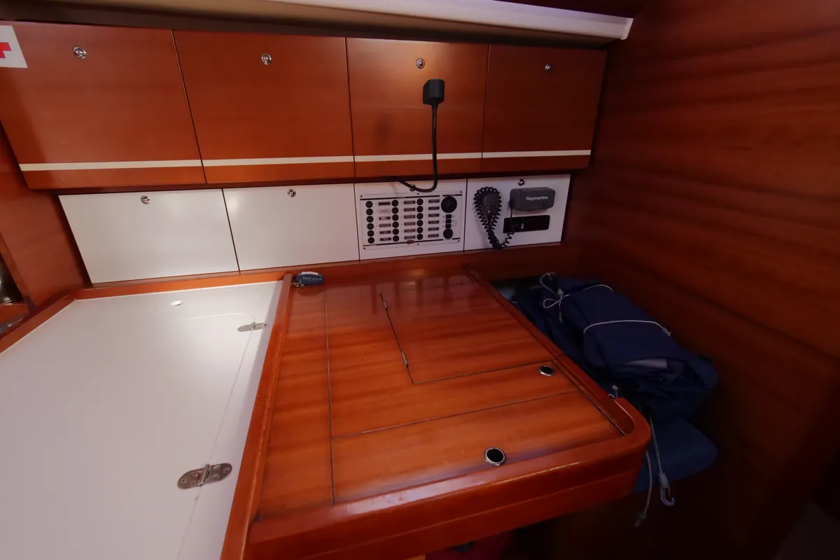 Salon of Pyrrha, a Dufour 445 Grand Large sailboat at Fethiye, Turkey