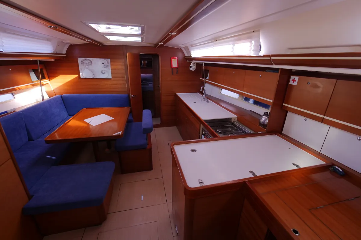 Salon of Pyrrha, a Dufour 445 Grand Large sailboat at Fethiye, Turkey