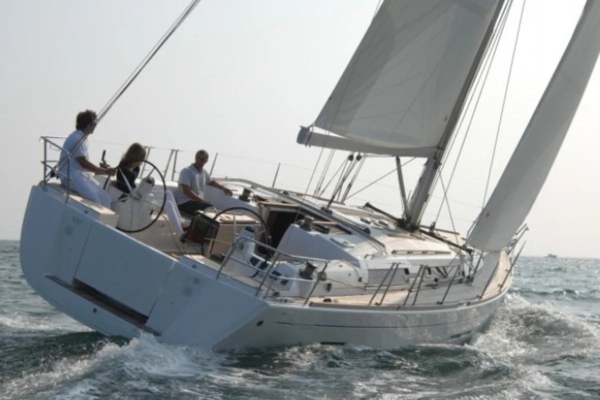 Exterior view of Pyrrha, a Dufour 445 Grand Large sailboat at Fethiye, Turkey
