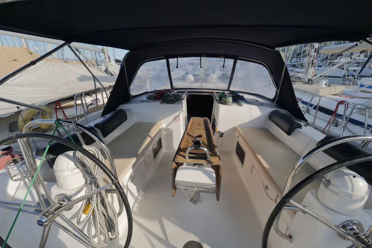 Cockpit of Pyrrha, a Dufour 445 Grand Large sailboat at Fethiye, Turkey
