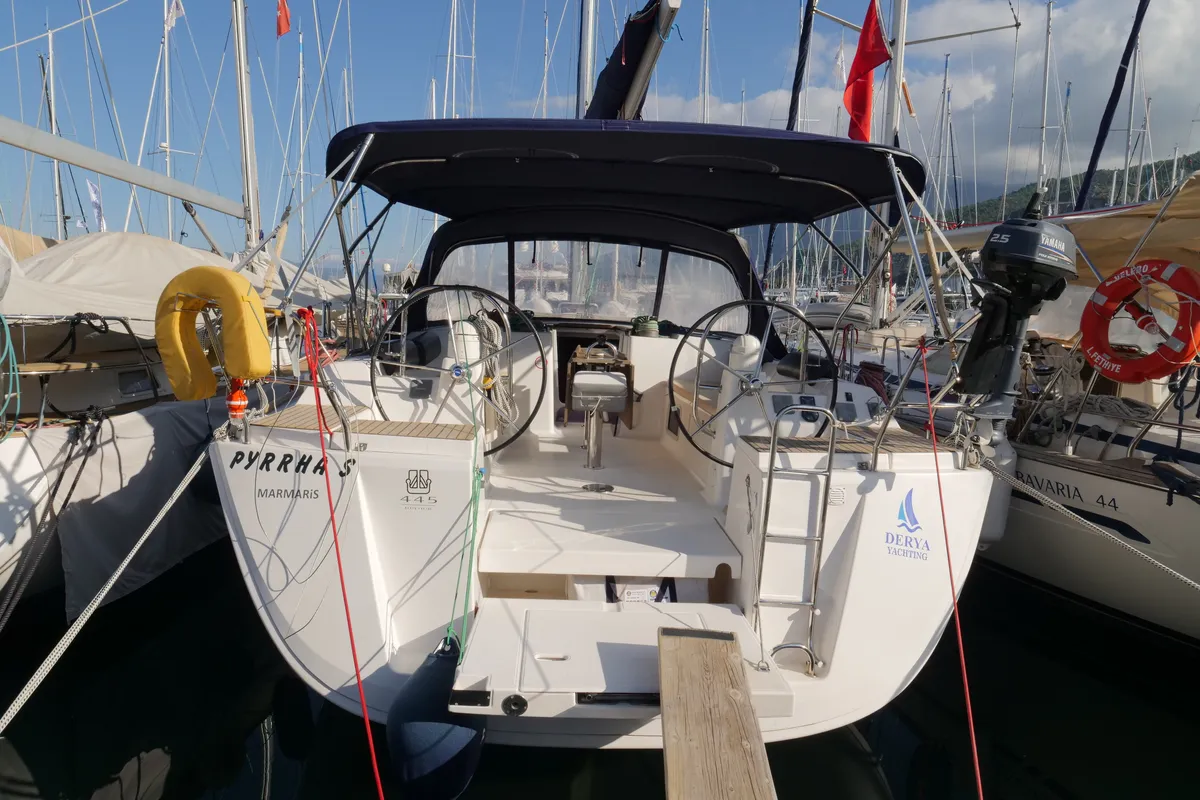 Exterior view of Pyrrha, a Dufour 445 Grand Large sailboat at Fethiye, Turkey