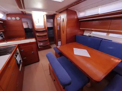 Salon of Pyrrha, a Dufour 445 Grand Large sailboat at Fethiye, Turkey