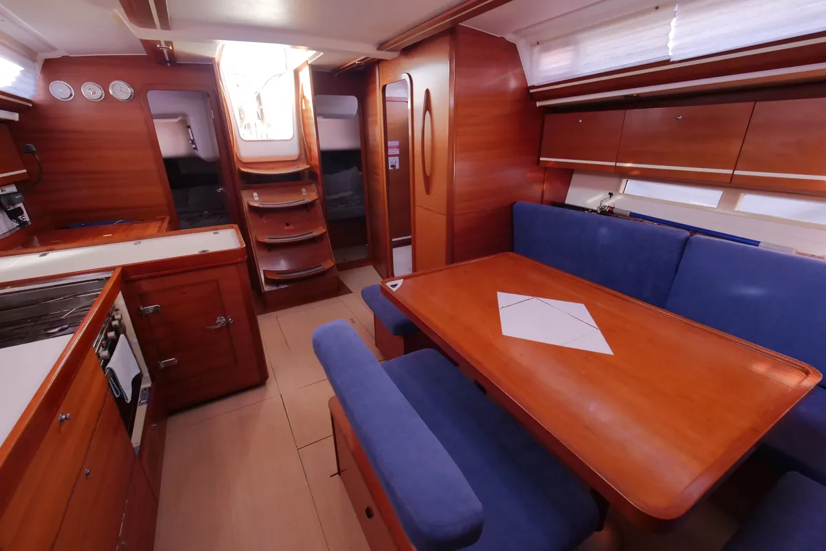 Salon of Pyrrha, a Dufour 445 Grand Large sailboat at Fethiye, Turkey