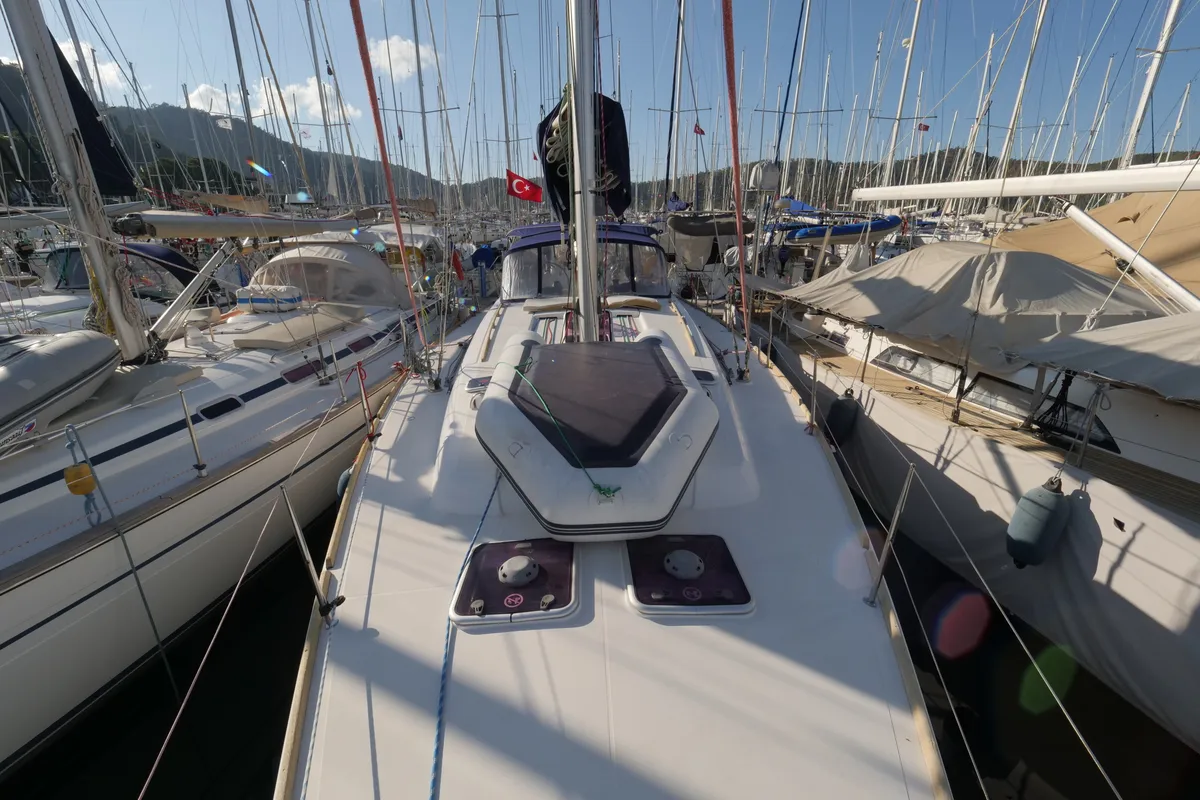 Deck of Pyrrha, a Dufour 445 Grand Large sailboat at Fethiye, Turkey