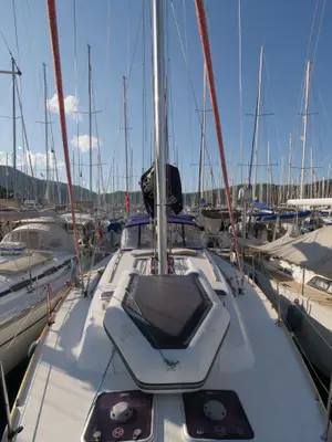 Deck of Pyrrha, a Dufour 445 Grand Large sailboat at Fethiye, Turkey