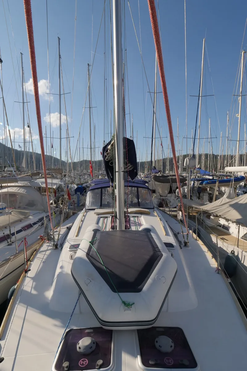 Deck of Pyrrha, a Dufour 445 Grand Large sailboat at Fethiye, Turkey