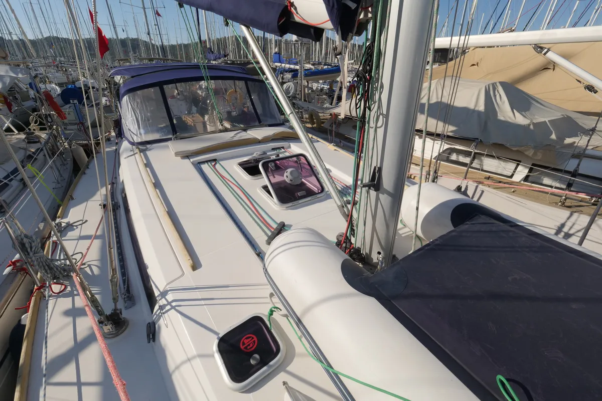 Deck of Pyrrha, a Dufour 445 Grand Large sailboat at Fethiye, Turkey