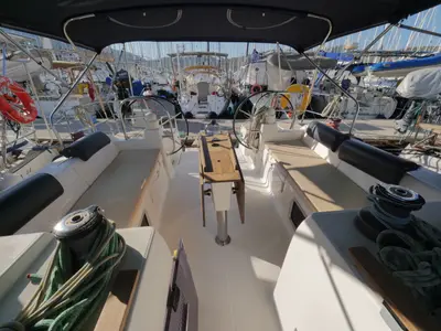 Cockpit of Pyrrha, a Dufour 445 Grand Large sailboat at Fethiye, Turkey