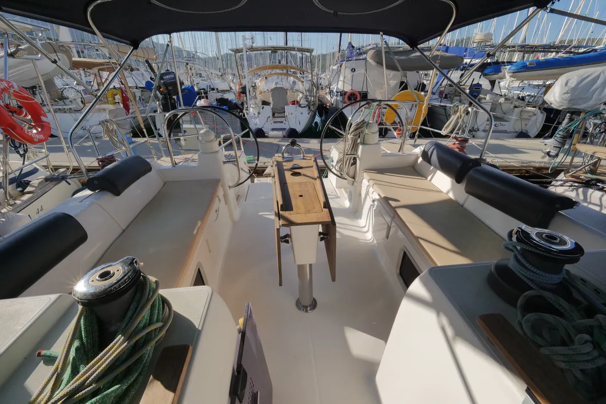 Cockpit of Pyrrha, a Dufour 445 Grand Large sailboat at Fethiye, Turkey