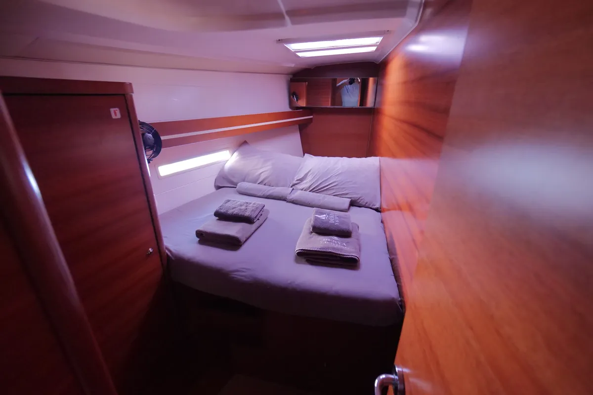 Cabin on Pyrrha, a Dufour 445 Grand Large sailboat at Fethiye, Turkey
