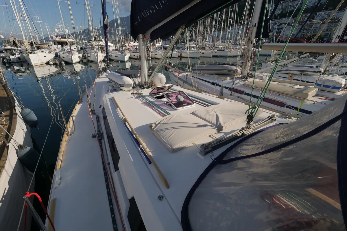 Deck of Pyrrha, a Dufour 445 Grand Large sailboat at Fethiye, Turkey