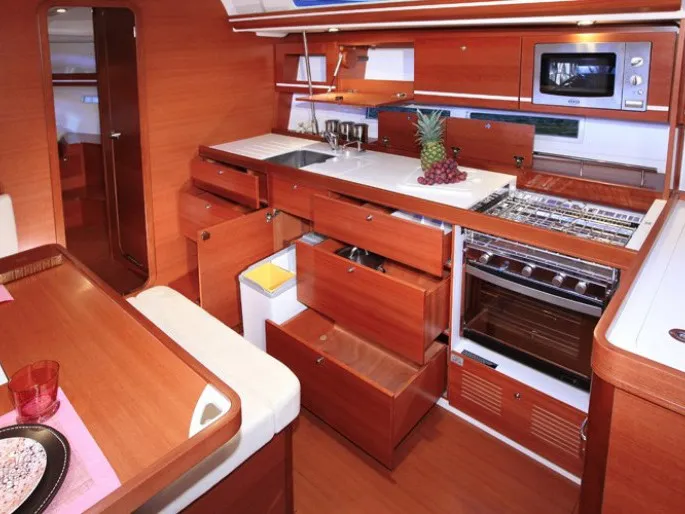 Galley of Pyrrha, a Dufour 445 Grand Large sailboat at Fethiye, Turkey