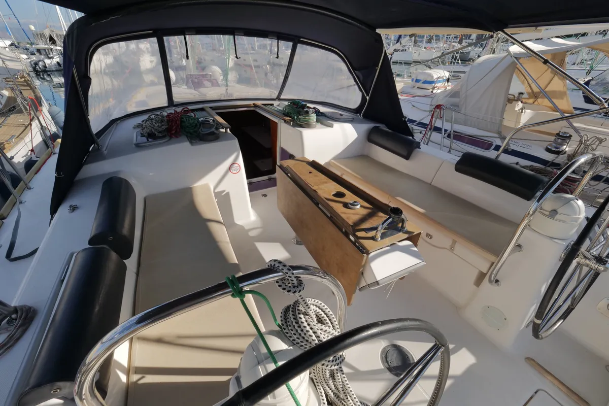 Cockpit of Pyrrha, a Dufour 445 Grand Large sailboat at Fethiye, Turkey