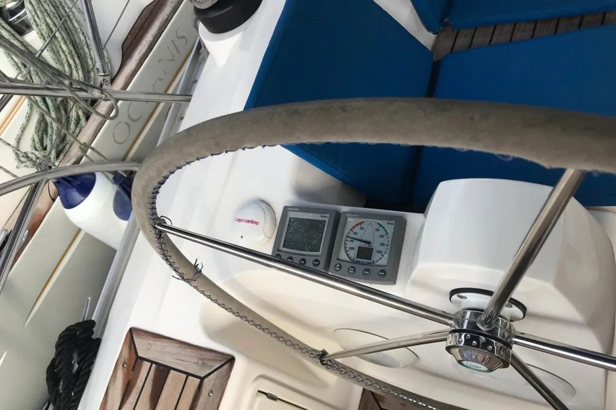 Cockpit of Alboran XXIV Cocomaluco, a Elan Impression 434 sailboat at es Jonquet, Spain
