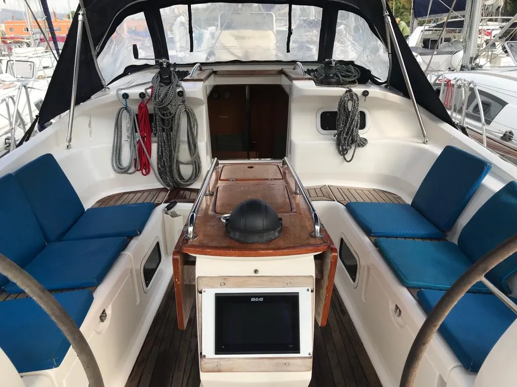 Cockpit of Alboran XXIV Cocomaluco, a Elan Impression 434 sailboat at es Jonquet, Spain