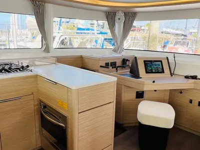Cockpit of Zoey, a Lagoon 46 catamaran at Kontokali, Greece