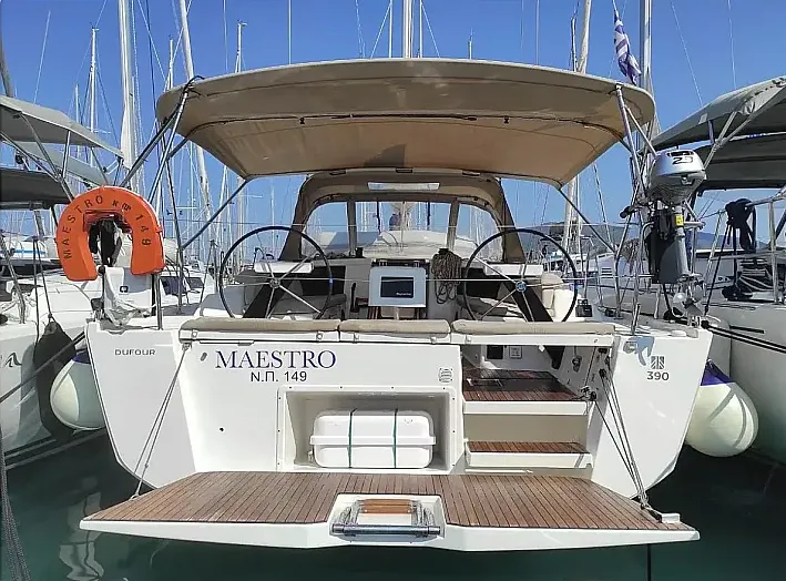 Exterior view of Maestro, a Dufour 390 GL sailboat at Municipal Unit of Apollonioi, Greece