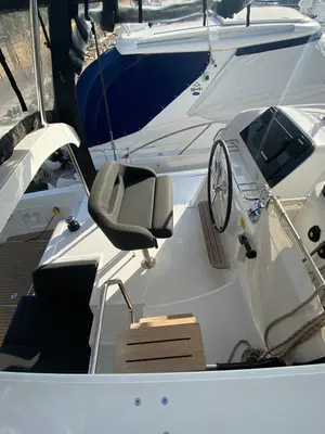 Cockpit of Delta Aquarii, a Lagoon 42 catamaran at Tonnarella, Italy
