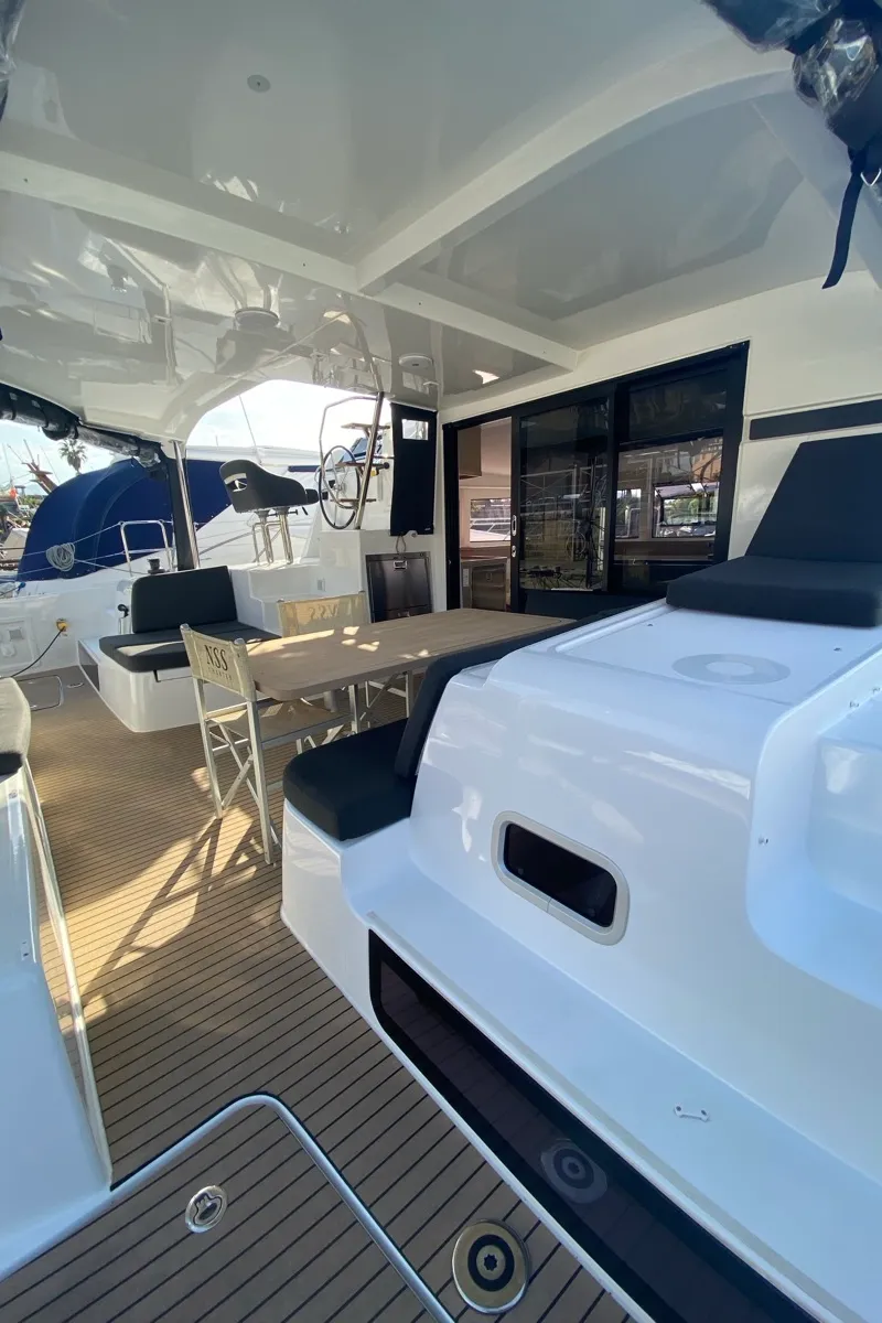 Deck of Delta Aquarii, a Lagoon 42 catamaran at Tonnarella, Italy