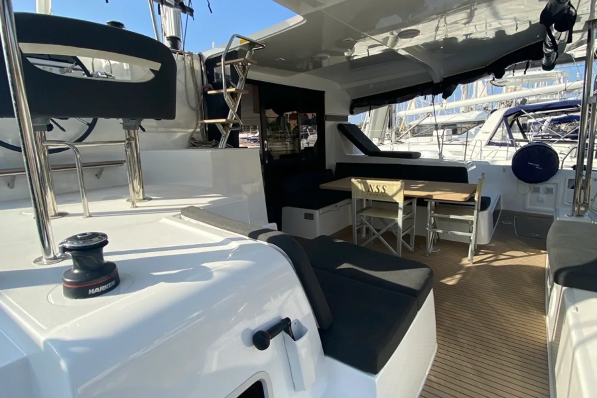 Deck of Delta Aquarii, a Lagoon 42 catamaran at Tonnarella, Italy