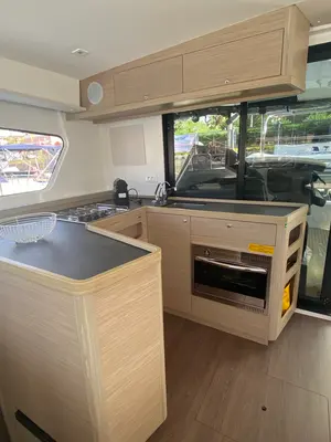 Galley of Delta Aquarii, a Lagoon 42 catamaran at Tonnarella, Italy