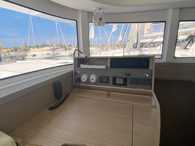 Salon of Delta Aquarii, a Lagoon 42 catamaran at Tonnarella, Italy