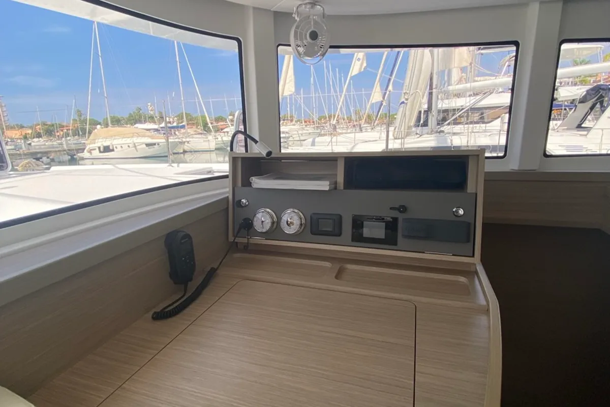 Salon of Delta Aquarii, a Lagoon 42 catamaran at Tonnarella, Italy