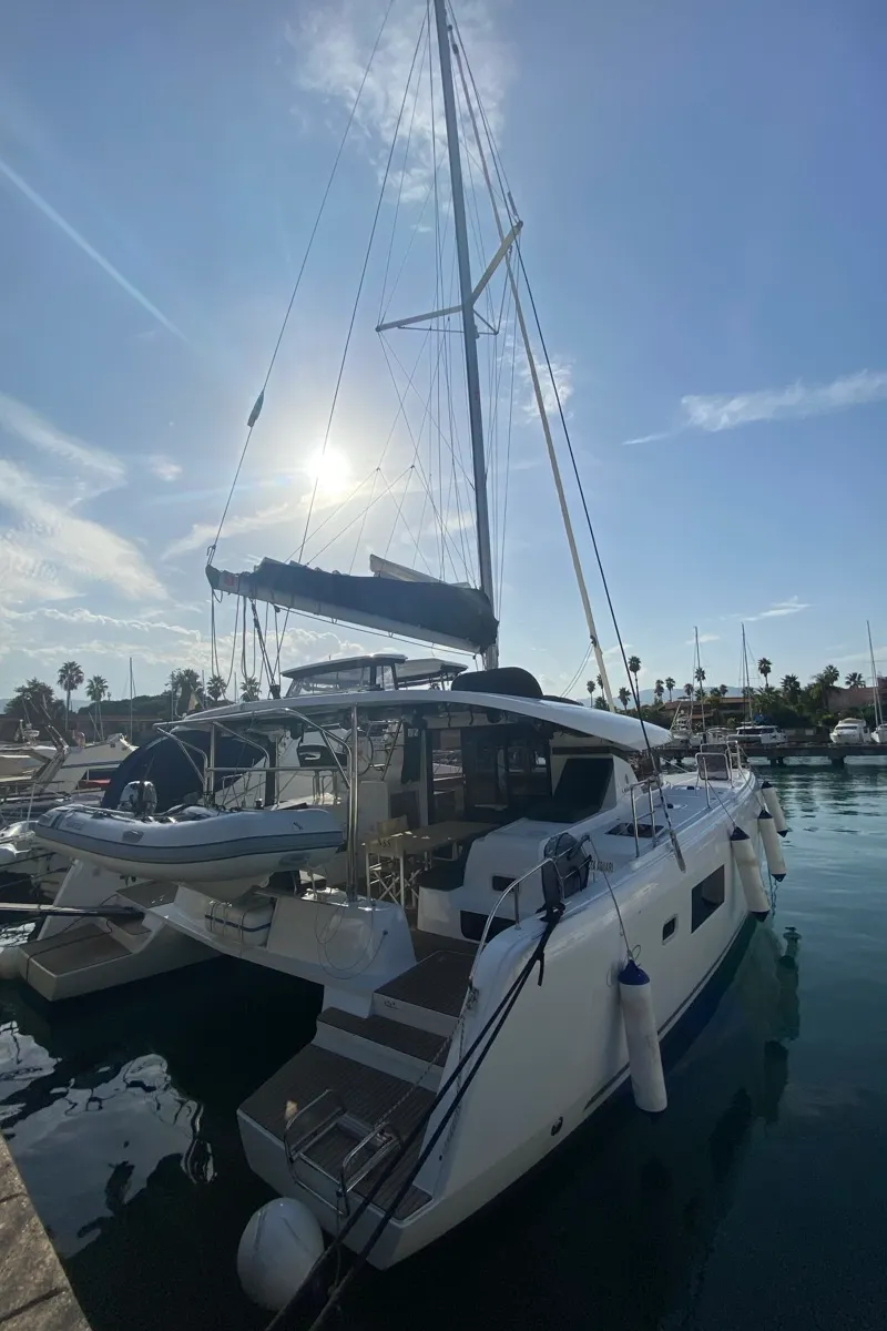 Exterior view of Delta Aquarii, a Lagoon 42 catamaran at Tonnarella, Italy