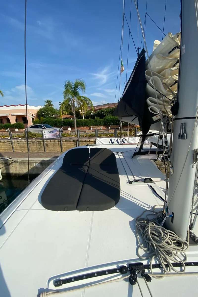 Deck of Delta Aquarii, a Lagoon 42 catamaran at Tonnarella, Italy