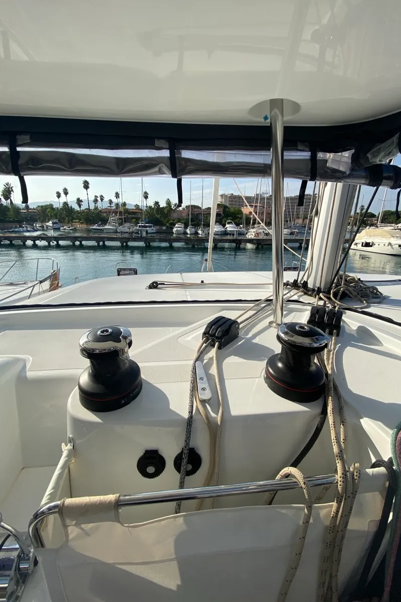 Deck of Delta Aquarii, a Lagoon 42 catamaran at Tonnarella, Italy