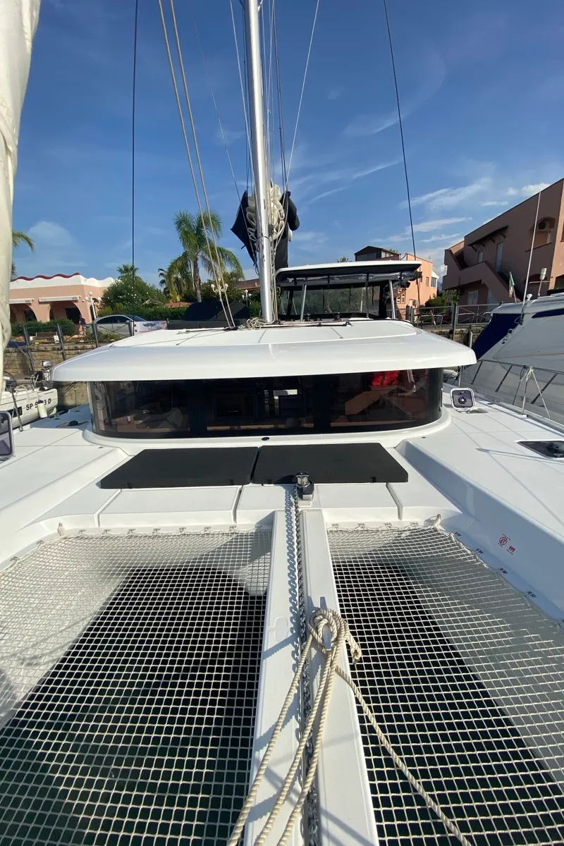 Deck of Delta Aquarii, a Lagoon 42 catamaran at Tonnarella, Italy