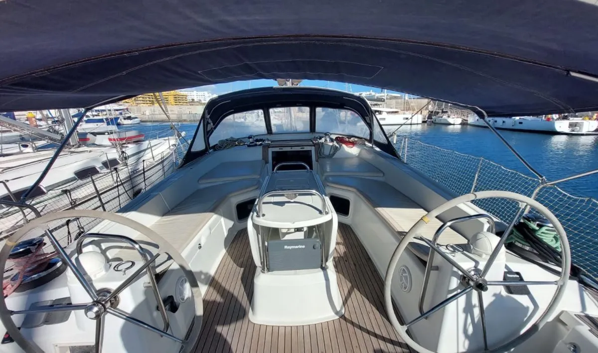 Cockpit of Madeleine, a Jeanneau 53 sailboat at San Miguel de Abona, Spain