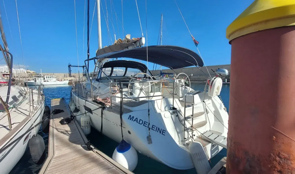 Exterior view of Madeleine, a Jeanneau 53 sailboat at San Miguel de Abona, Spain