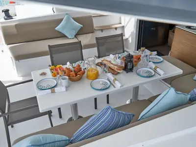 Deck of Sea Spirit III, a Nautitech 46 Fly catamaran at Grande Rivière Noire VCA, Mauritius