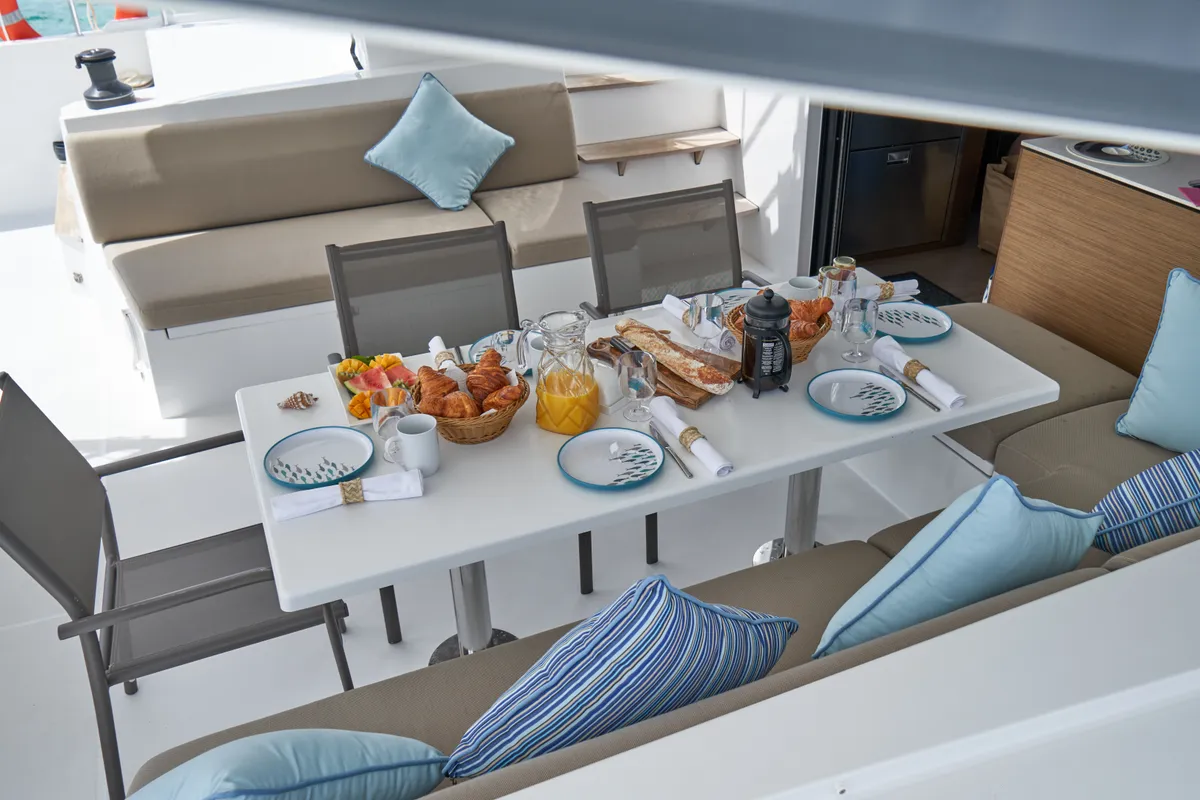 Deck of Sea Spirit III, a Nautitech 46 Fly catamaran at Grande Rivière Noire VCA, Mauritius
